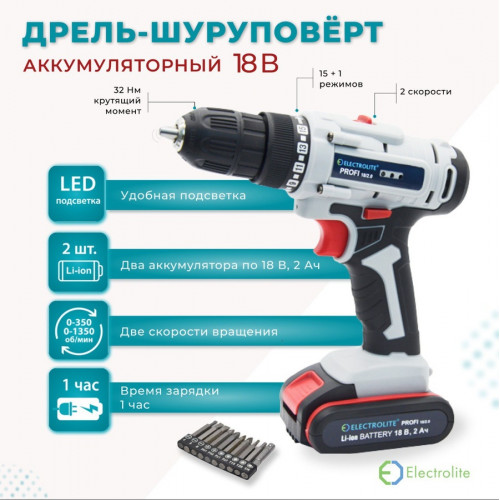 Шуруповерт аккумуляторный Electrolite Expert 18/2.0 BL бесщеточный