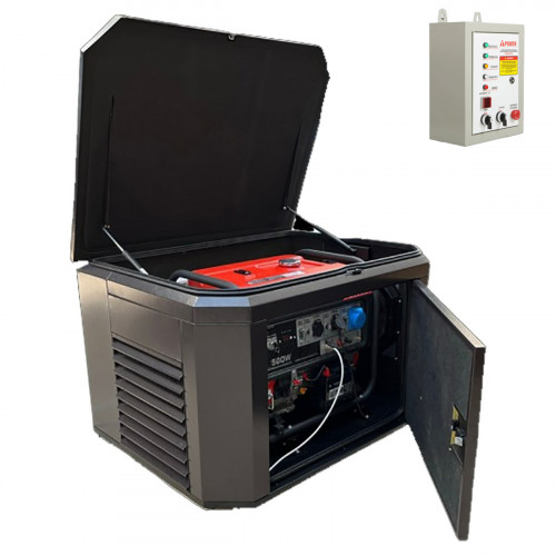 Генератор A-iPower A6000EAX в супертихом зимнем кожухе 1400SS RAL 8019 + блок автозапуска A-iPower 230 В 50 А