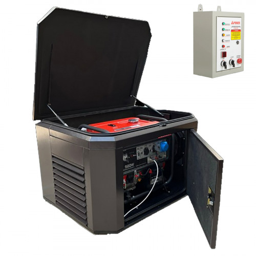 Генератор A-iPower A8000EAX в супертихом зимнем кожухе 1400SS RAL 8019 + блок автозапуска A-iPower 230 В 50 А