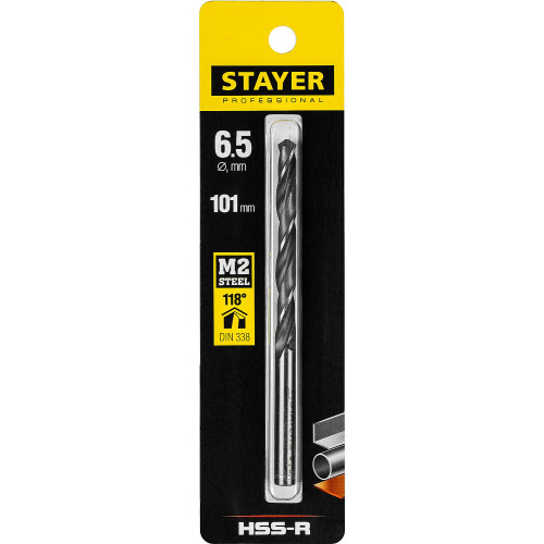 STAYER HSS-R, 6.5 х 101 мм, быстрорежущая сталь P6M5, сверло по металлу, Professional (29602-6.5)