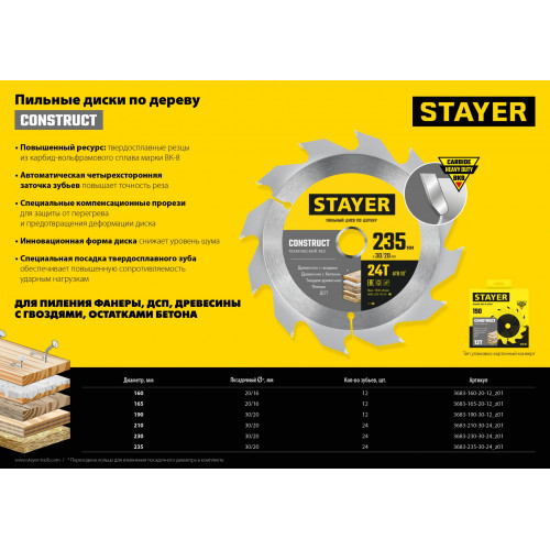 STAYER Construct, 165 x 20/16 мм, 12Т, технический рез, пильный диск по дереву (3683-165-20-12)