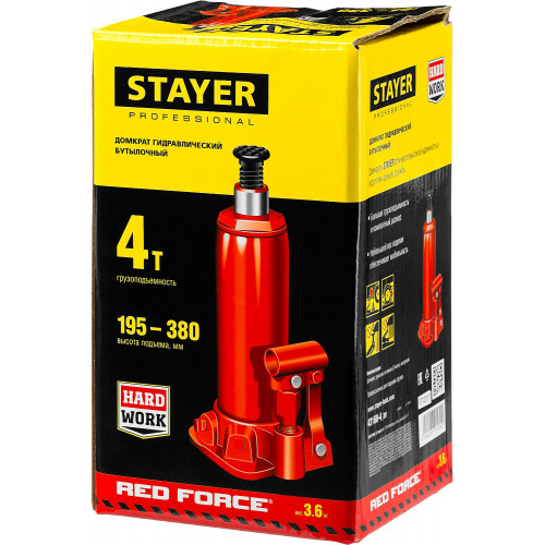STAYER RED FORCE, 4 т, 195 - 380 мм, бутылочный гидравлический домкрат, Professional (43160-4)