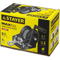 STAYER MAXPull, 0.7 т, 8 м, ручная барабанная тросовая лебедка (43112-0.7)