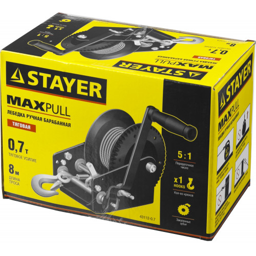 STAYER MAXPull, 0.7 т, 8 м, ручная барабанная тросовая лебедка (43112-0.7)