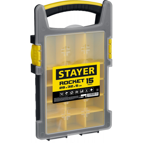 STAYER ROCKET-15, 280 x 320 x 50 мм, (11″), пластиковый органайзер с 15 съемными лотками (2-38031)