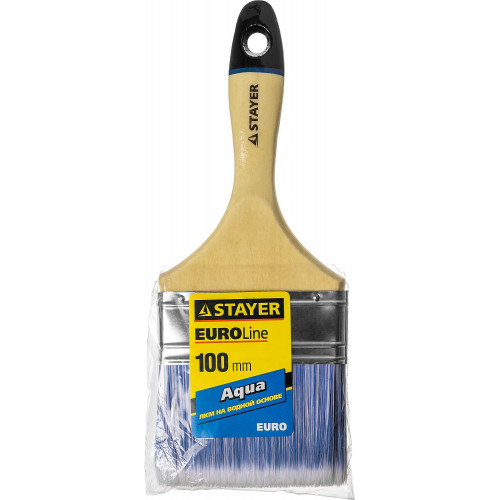 STAYER AQUA - EURO, 100 мм, 4″, искусственная щетина, деревянная ручка для воднодисперсионных и акриловых ЛКМ, плоская кисть (01062-100)