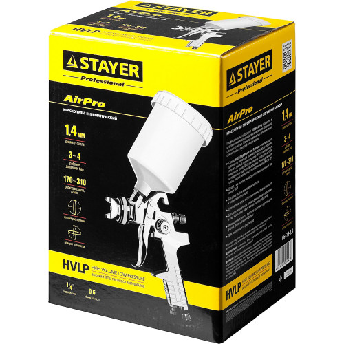 STAYER AirPro G, HVLP 1.4 мм, пневматический краскопульт с верхним бачком, Professional (06476-1.4)