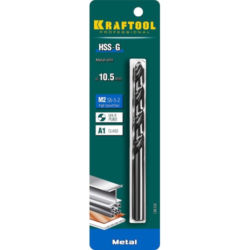 KRAFTOOL HSS-G, 10.5 х 133 мм, сталь P6M5, сверло по металлу (29651-10.5)