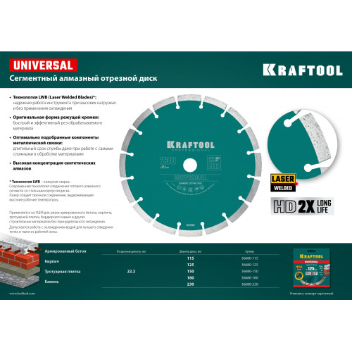 KRAFTOOL LASER-UNIVERSAL 230 мм (22.2 мм, 10х2.8мм), алмазный диск (36680-230)