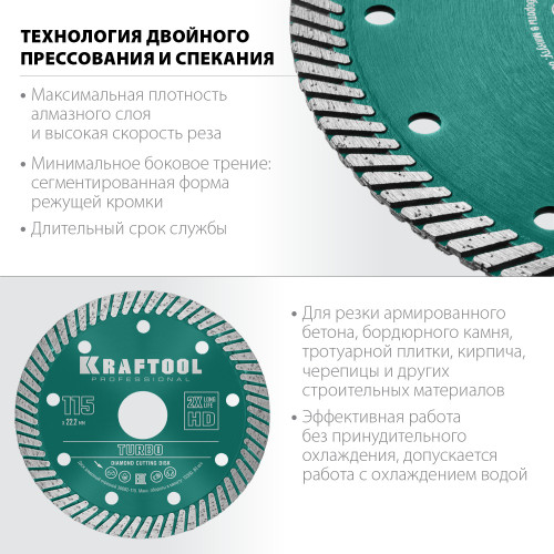 KRAFTOOL Turbo, 115 мм, (22.2 мм, 10 х 2.2 мм), сегментированный алмазный диск (36682-115)
