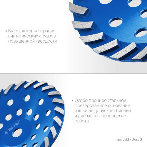 ЗУБР Турбо, d 230 мм, сегментная алмазная шлифовальная чашка, Профессионал (33370-230)