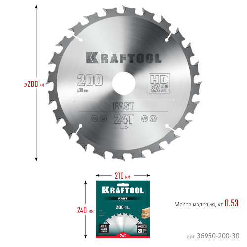 KRAFTOOL Fast, 200 х 30 мм, 24Т, пильный диск по дереву (36950-200-30)