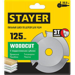 STAYER WOODCUT, 125 х 22.2 мм, 3 резца, для УШМ, пильный диск по дереву (36854-125)