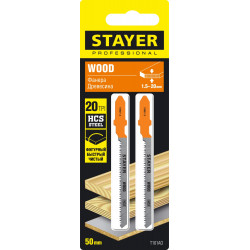 STAYER T101AO, 2 шт, 50 мм / 1.4 мм, T-хвост., HCS сталь, фигурный рез по ламинату/фанере, полотна для лобзика, Professional (15992-1.3)
