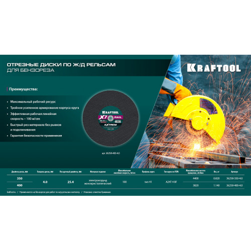 KRAFTOOL X7-EXTREM RAIL 350x4.0 / 25.4 мм по Ж/Д рельсам отрезной диск для бензореза (36258-350-4.0)