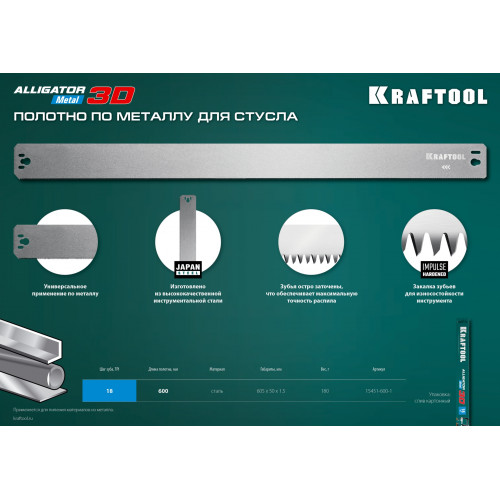 KRAFTOOL Alligator 3D, 600 мм, полотно по металлу для прецизионного стусла (15451-600-1)