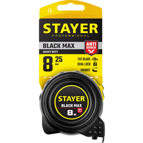 STAYER BlackMax, 8 м х 25 мм, рулетка с двумя фиксаторами, Professional (3410-08)