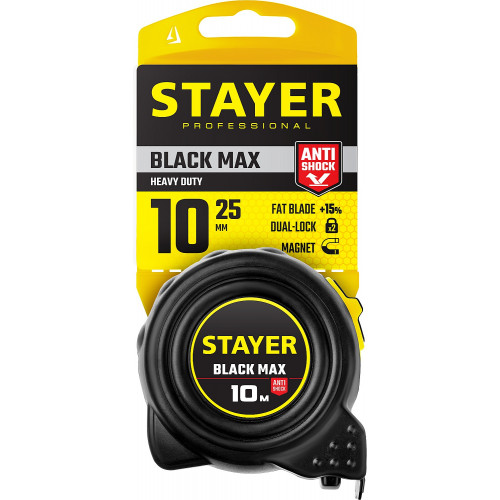 STAYER BlackMax, 10 м х 25 мм, рулетка с двумя фиксаторами, Professional (3410-010)