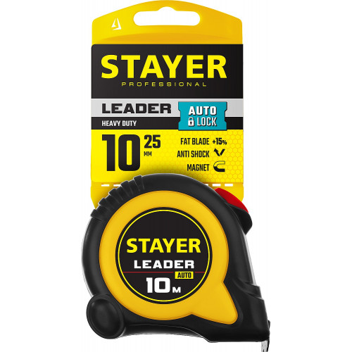 STAYER Leader, 10 м х 25 мм, рулетка с автостопом, Professional (3402-10-25)