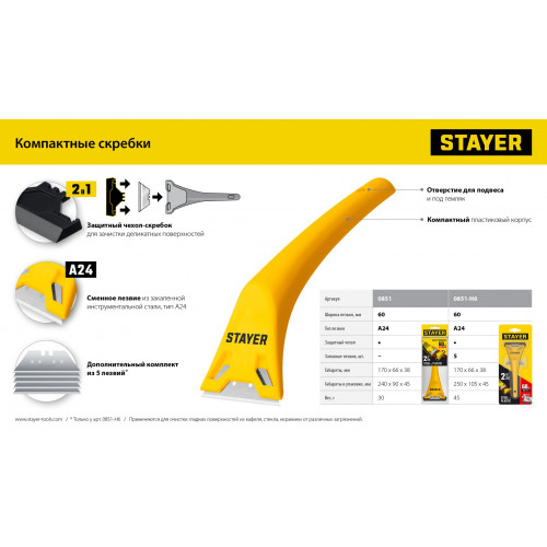 STAYER 60 мм, 5 доп. лезвий, компактный скребок (0851-H6)