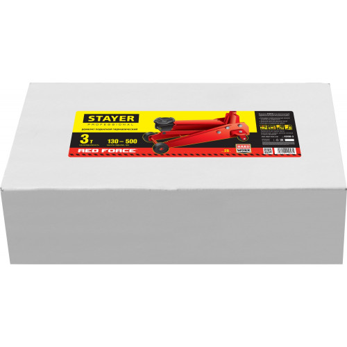 STAYER F-30 RED FORCE, 3 т, 130 - 350 мм, подкатной домкрат с высоким подъемом для СТО, Professional (43150-3)