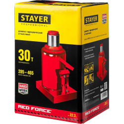 STAYER RED FORCE, 30 т, 285 - 465 мм, бутылочный гидравлический домкрат, Professional (43160-30)