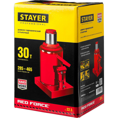 STAYER RED FORCE, 30 т, 285 - 465 мм, бутылочный гидравлический домкрат, Professional (43160-30)