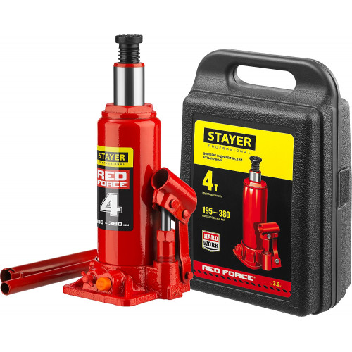 STAYER RED FORCE, в кейсе, 4 т, 195 - 380 мм, бутылочный гидравлический домкрат, Professional (43160-4-K)