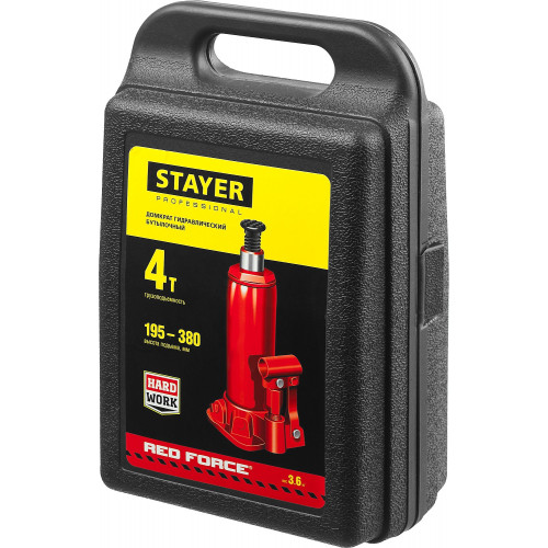 STAYER RED FORCE, в кейсе, 4 т, 195 - 380 мм, бутылочный гидравлический домкрат, Professional (43160-4-K)
