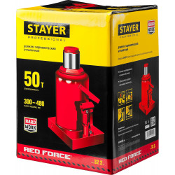 STAYER RED FORCE, 50 т, 300 - 480 мм, бутылочный гидравлический домкрат, Professional (43160-50)