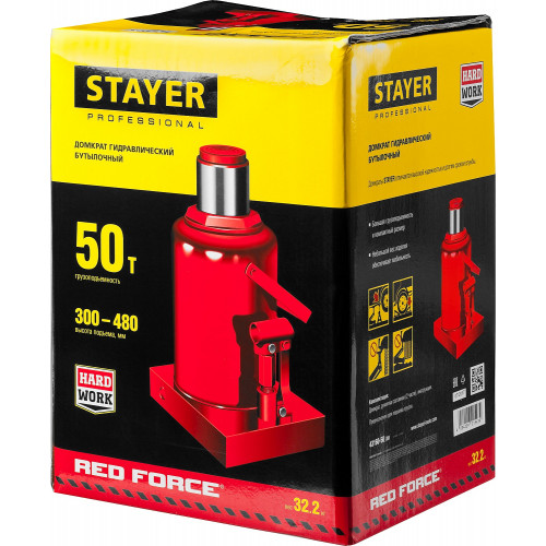 STAYER RED FORCE, 50 т, 300 - 480 мм, бутылочный гидравлический домкрат, Professional (43160-50)