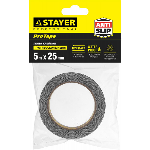 STAYER 25 мм, 5 м, черная, противоскользящая клейкая лента, Professional (12270-25-05)