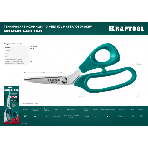 KRAFTOOL KEVLAR, 205 мм, технические ножницы по кевлару и стекловолокну (23207)