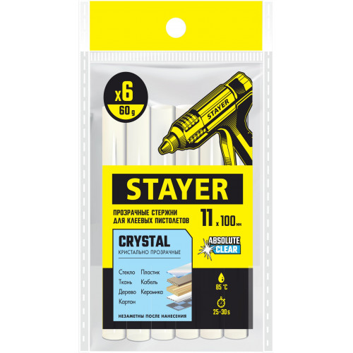STAYER Cristal, 1 х 100 мм, 6 шт, прозрачные, универсальные клеевые стержни Professional (0682-H6)