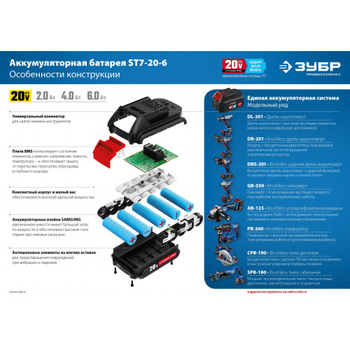 ЗУБР T7, 20 В, 6.0 А·ч, аккумуляторная батарея, Профессионал (ST7-20-6)