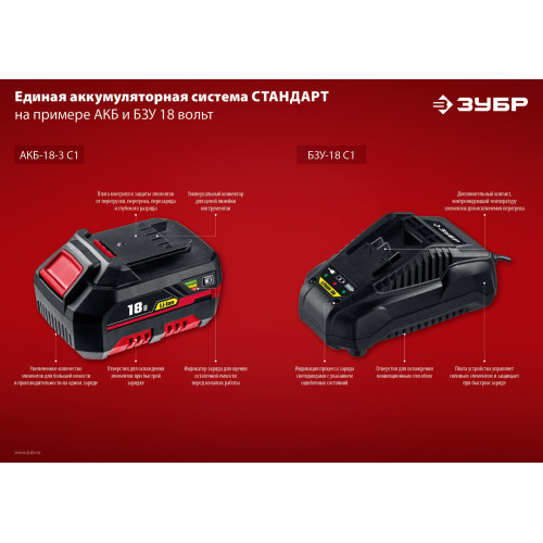 ЗУБР С1-18, 18 В, 3.0 А·ч, аккумуляторная батарея (АКБ-18-3 С1)