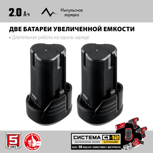 ЗУБР С1-12, 12 В, 80 мм, 2 АКБ (2 А·ч), сабельная пила (СПЛ-125-22)