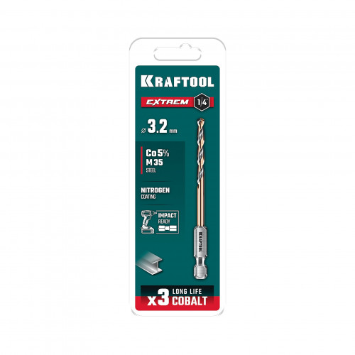 KRAFTOOL НЕХ-1/4″, d 3.2 х 75 мм, сверло по металлу для винтовёртов и шуруповертов IMPACT READY (29652-3.2)