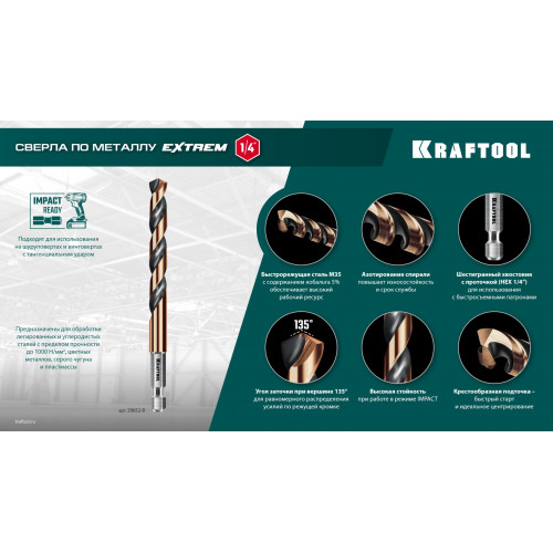 KRAFTOOL НЕХ-1/4″, d 3.2 х 75 мм, сверло по металлу для винтовёртов и шуруповертов IMPACT READY (29652-3.2)