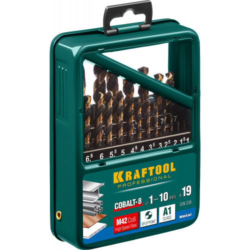 KRAFTOOL COBALT-8, 19 шт, (1-10 мм), сталь М42, HSS-Co(8%), набор сверл по металлу (29656-H19)