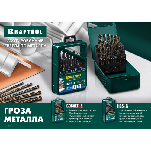 KRAFTOOL COBALT-8, 19 шт, (1-10 мм), сталь М42, HSS-Co(8%), набор сверл по металлу (29656-H19)