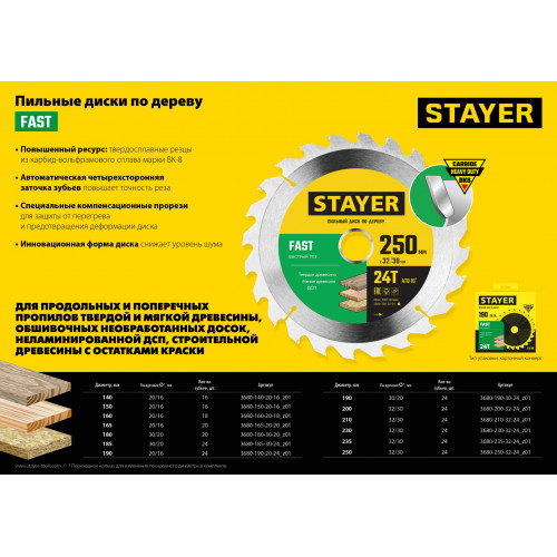 STAYER Fast, 150 x 20/16 мм, 16Т, быстрый рез, пильный диск по дереву (3680-150-20-16)