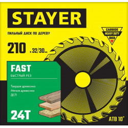 STAYER Fast, 210 x 32/30 мм, 24Т, быстрый рез, пильный диск по дереву (3680-210-32-24)