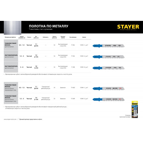 STAYER T118GF, T-хвост., Bi-Metal, по металлу 0.5-1.5 мм, шаг зуба 1.1 мм, раб. длина 50 мм, 2 шт, полотна для лобзика, Professional (15994-1.1)