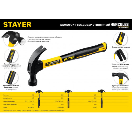 STAYER Fiberglass, 680 г, с фиберглассовой рукояткой, столярный молоток-гвоздодёр, Professional (2026)
