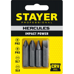 STAYER Hercules, 36 мм, 4 шт, биты для ударной отвертки, Professional (25667-S4)