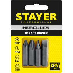 STAYER Hercules, 36 мм, 4 шт, биты для ударной отвертки, Professional (25667-S4)