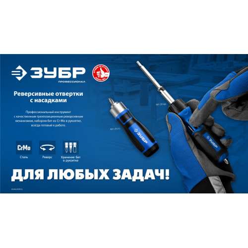 ЗУБР 6 предм., Реверсивная отвертка с насадками (25171)