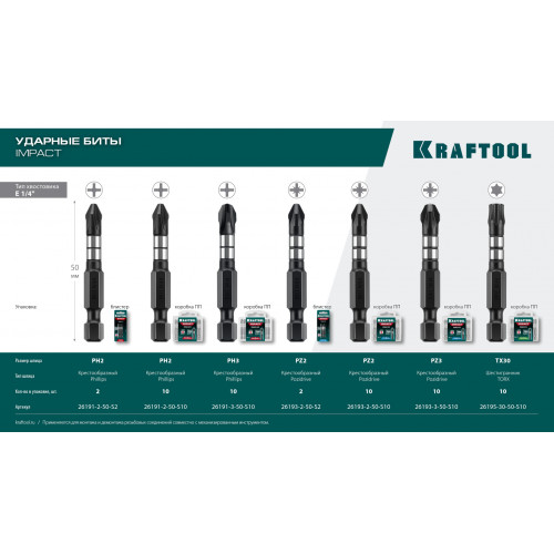 KRAFTOOL Impact TX30, 50 мм, 10 шт, ударные биты (26195-30-50-S10)