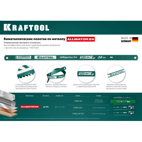 KRAFTOOL Alligator-24, 24 TPI, 300 мм, биметаллическое гибкое полотно по металлу (15942-24-1)